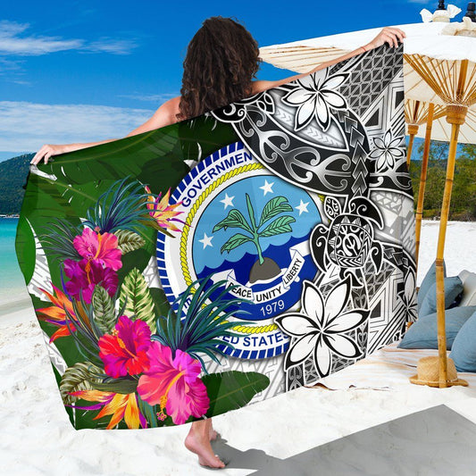 Federated States of Micronesia Sarong White - Turtle Plumeria Banana Leaf