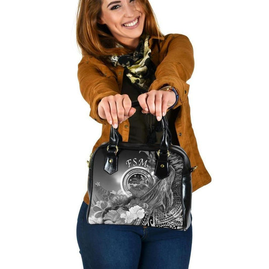 Federated States Of Micronesia Shoulder Handbags - Humpback Whale With Tropical Flowers (White)