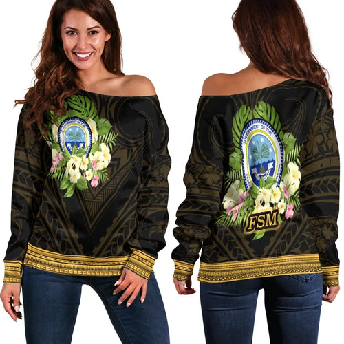 Federated States of Micronesia Women Off Shoulder Sweater - Polynesian Gold Patterns Collection