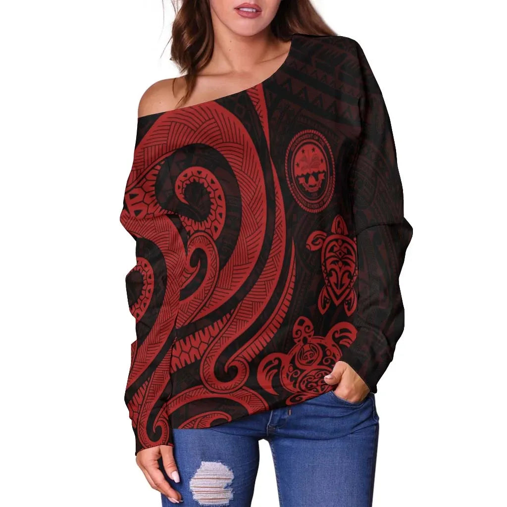 Federated States of Micronesia Women Off Shoulder Sweater - Red Tentacle Turtle