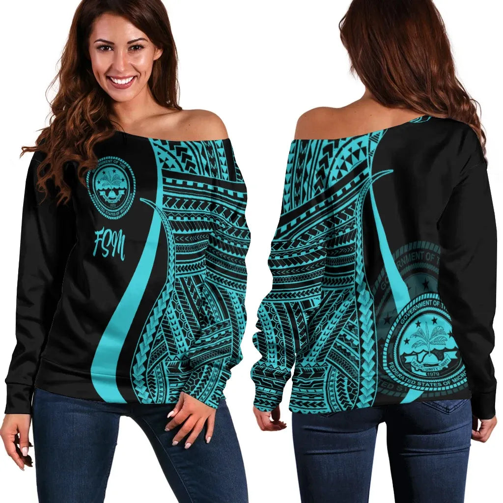 Federated States of Micronesia Women Off Shoulder Sweater - Turquoise Polynesian Tentacle Tribal Pattern