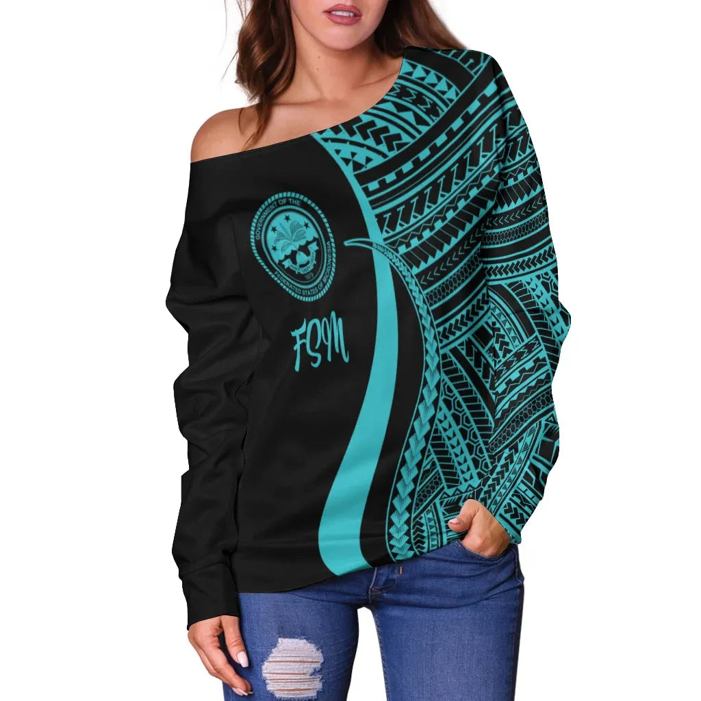 Federated States of Micronesia Women Off Shoulder Sweater - Turquoise Polynesian Tentacle Tribal Pattern