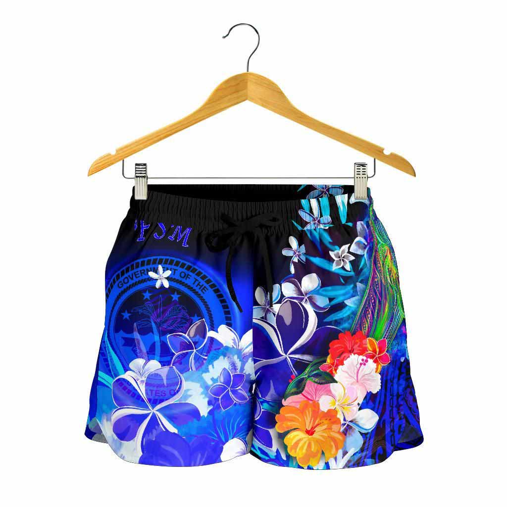 Federated States of Micronesia Women Shorts - Humpback Whale with Tropical Flowers (Blue)