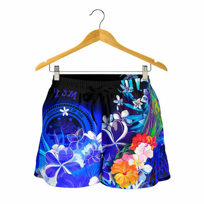 Federated States of Micronesia Women Shorts - Humpback Whale with Tropical Flowers (Blue)