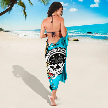 Federated States of Mariana Sarong - Tribal Flower With Special Turtles Blue Color