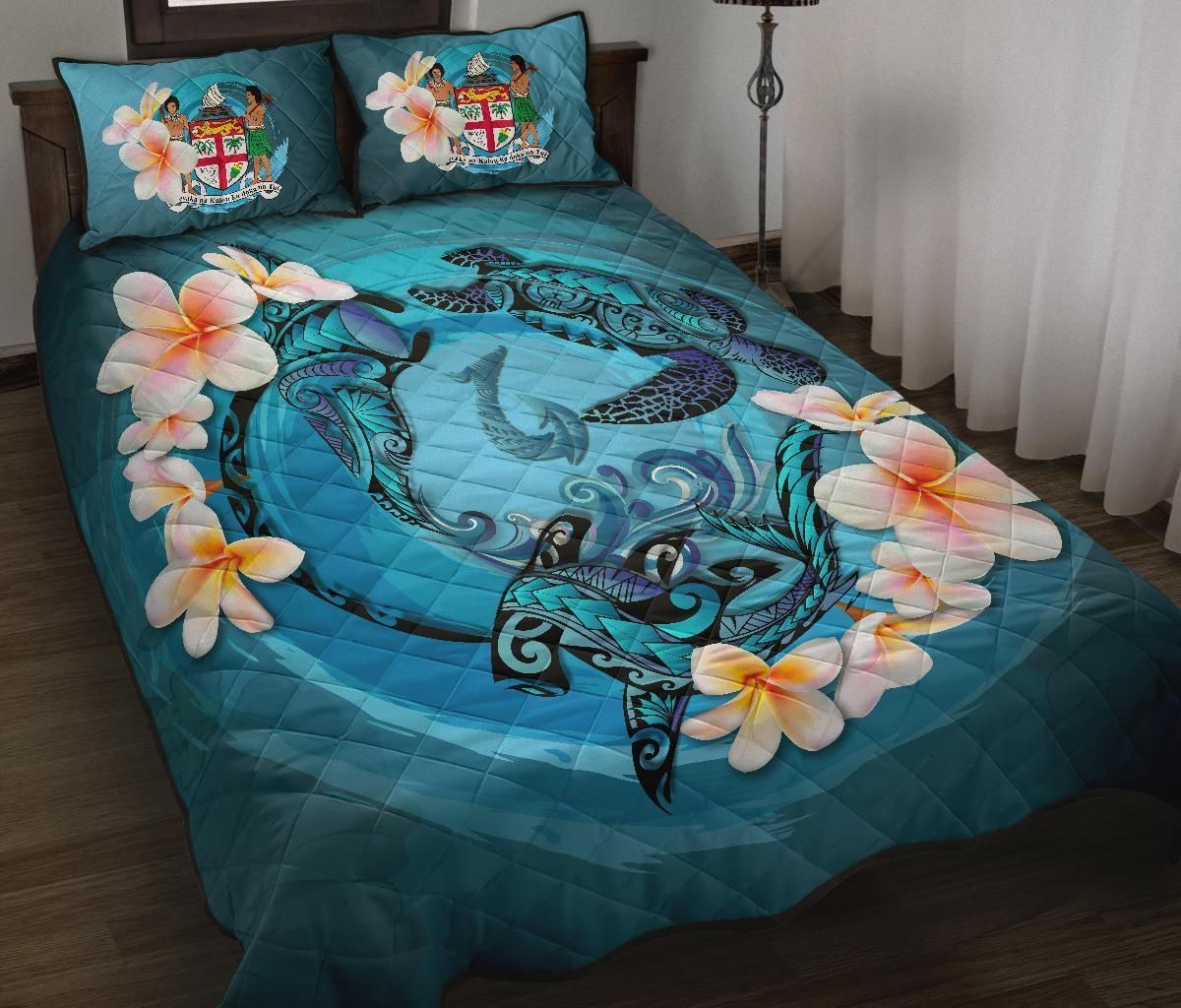 Fiji Polynesian Quilt Bed Set - Blue Plumeria Animal Tattoo