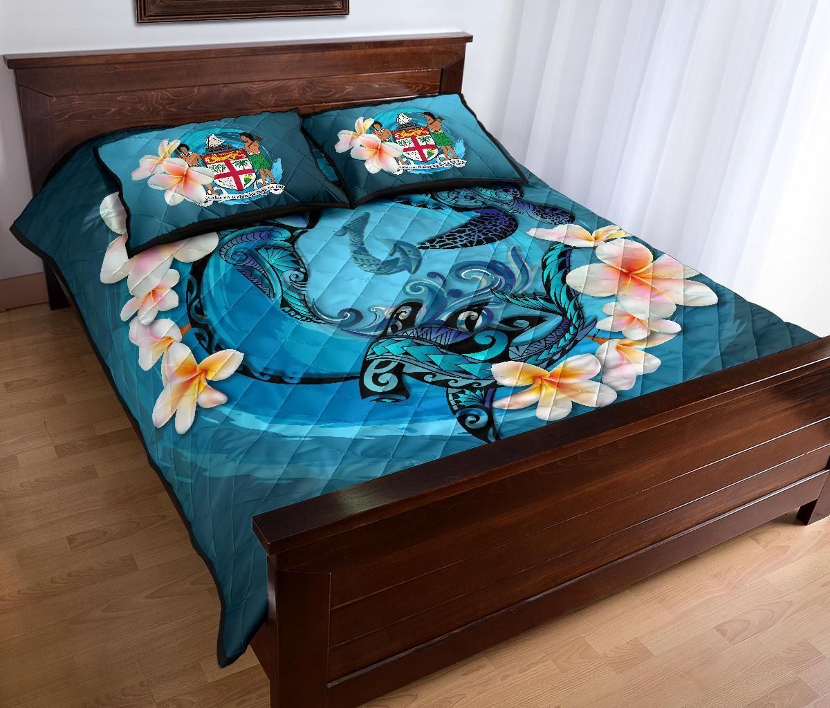 Fiji Polynesian Quilt Bed Set - Blue Plumeria Animal Tattoo