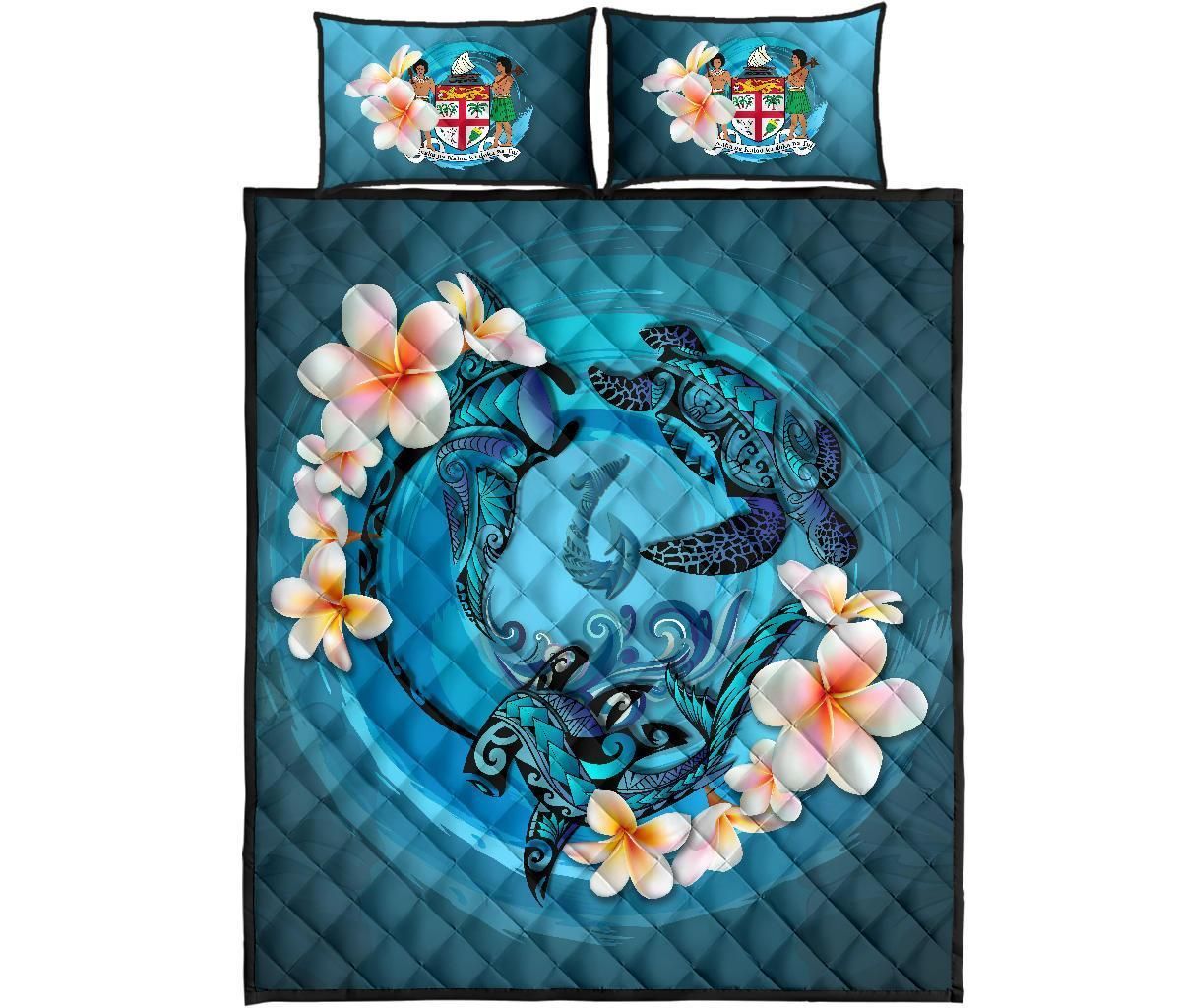 Fiji Polynesian Quilt Bed Set - Blue Plumeria Animal Tattoo