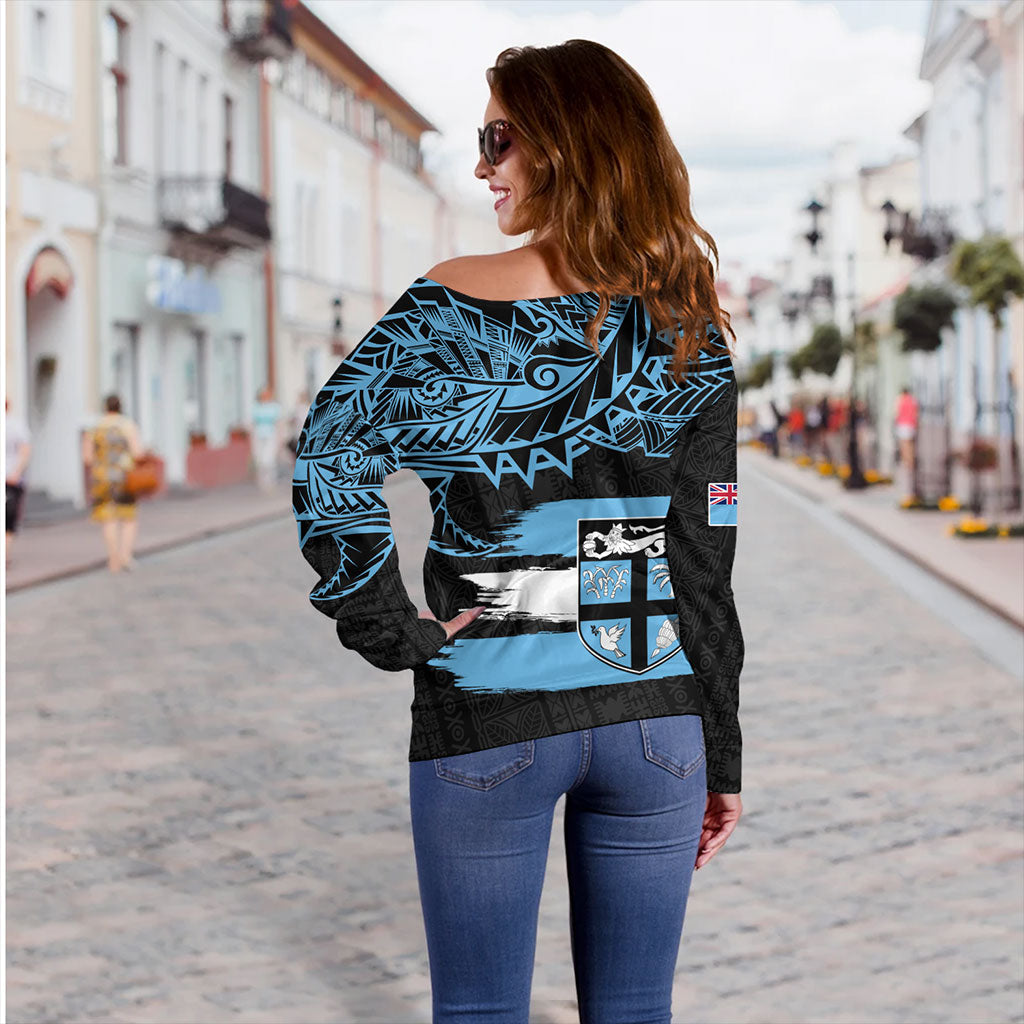 Fiji Off Shoulder Sweatshirt Tribal Melanesia Grunge Flag