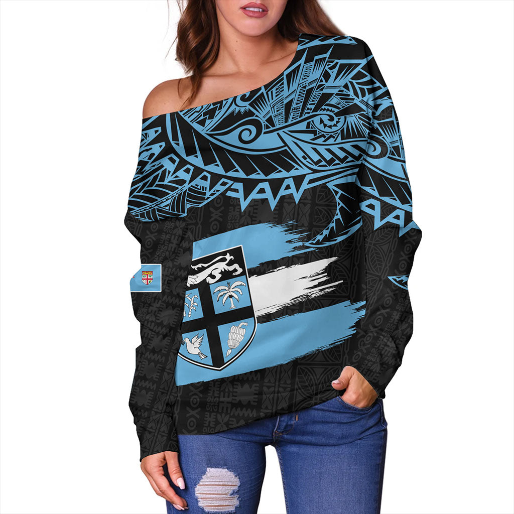 Fiji Off Shoulder Sweatshirt Tribal Melanesia Grunge Flag