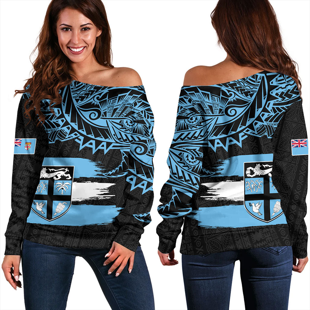 Fiji Off Shoulder Sweatshirt Tribal Melanesia Grunge Flag