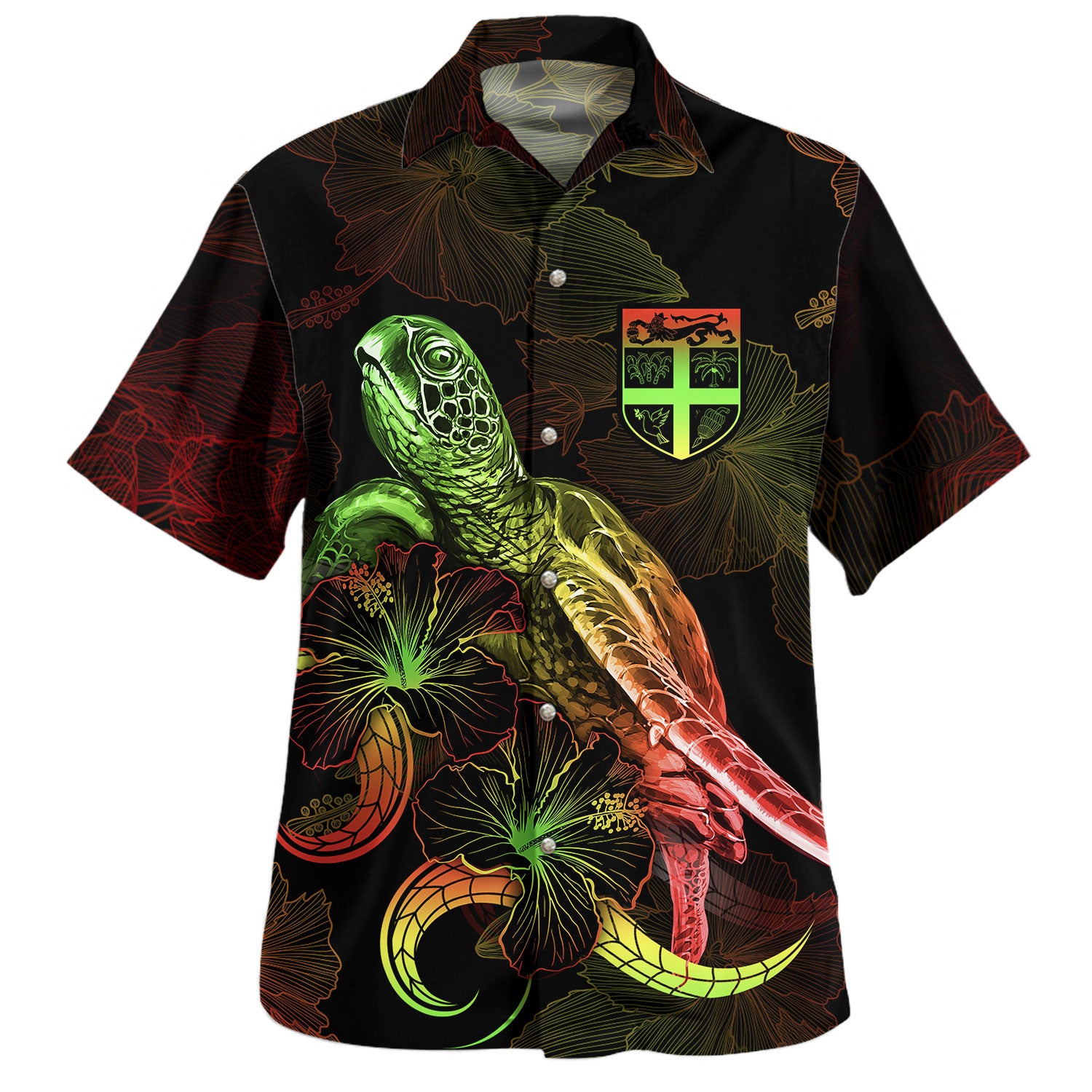 Fiji Hawaiian Shirt Sea Turtle With Blooming Hibiscus Flowers Reggae
