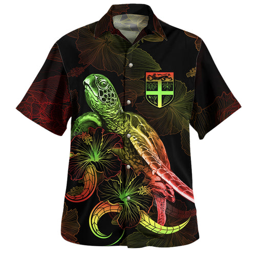 Fiji Hawaiian Shirt Sea Turtle With Blooming Hibiscus Flowers Reggae