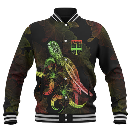 Fiji Baseball Jacket Sea Turtle With Blooming Hibiscus Flowers Reggae