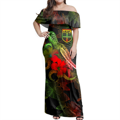 Fiji Woman Off Shoulder Long Dress - Sea Turtle With Blooming Hibiscus Flowers Reggae