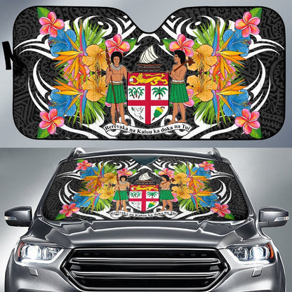 Fiji Auto Sun Shades - Coat Of Arms With Tropical Flowers