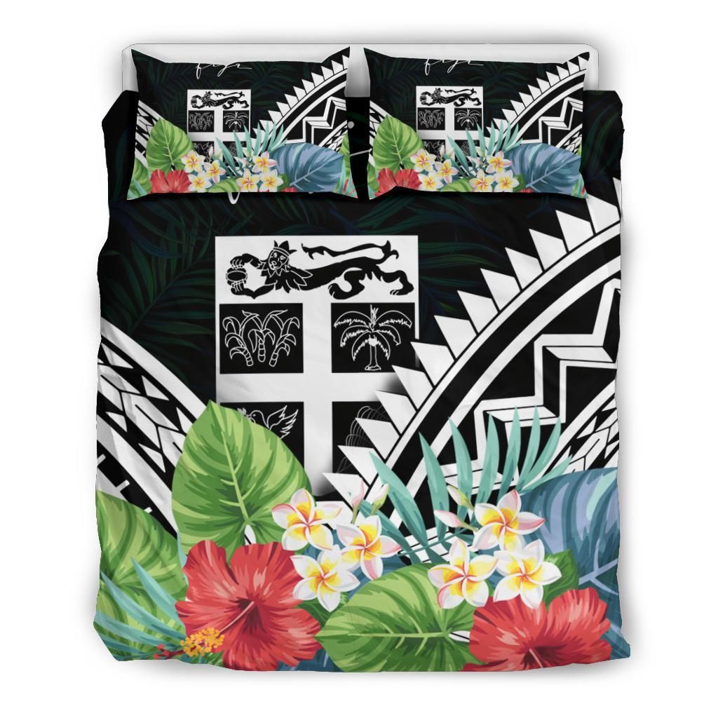 Fiji Bedding Set - Fiji Coat Of Arms & Polynesian Tropical Flowers White