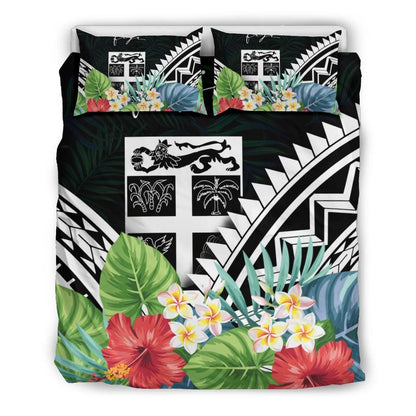 Fiji Bedding Set - Fiji Coat Of Arms & Polynesian Tropical Flowers White
