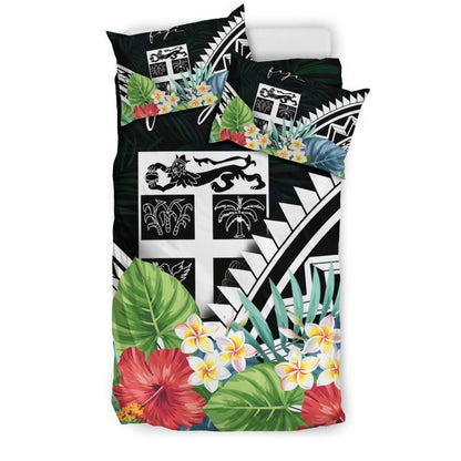 Fiji Bedding Set - Fiji Coat Of Arms & Polynesian Tropical Flowers White