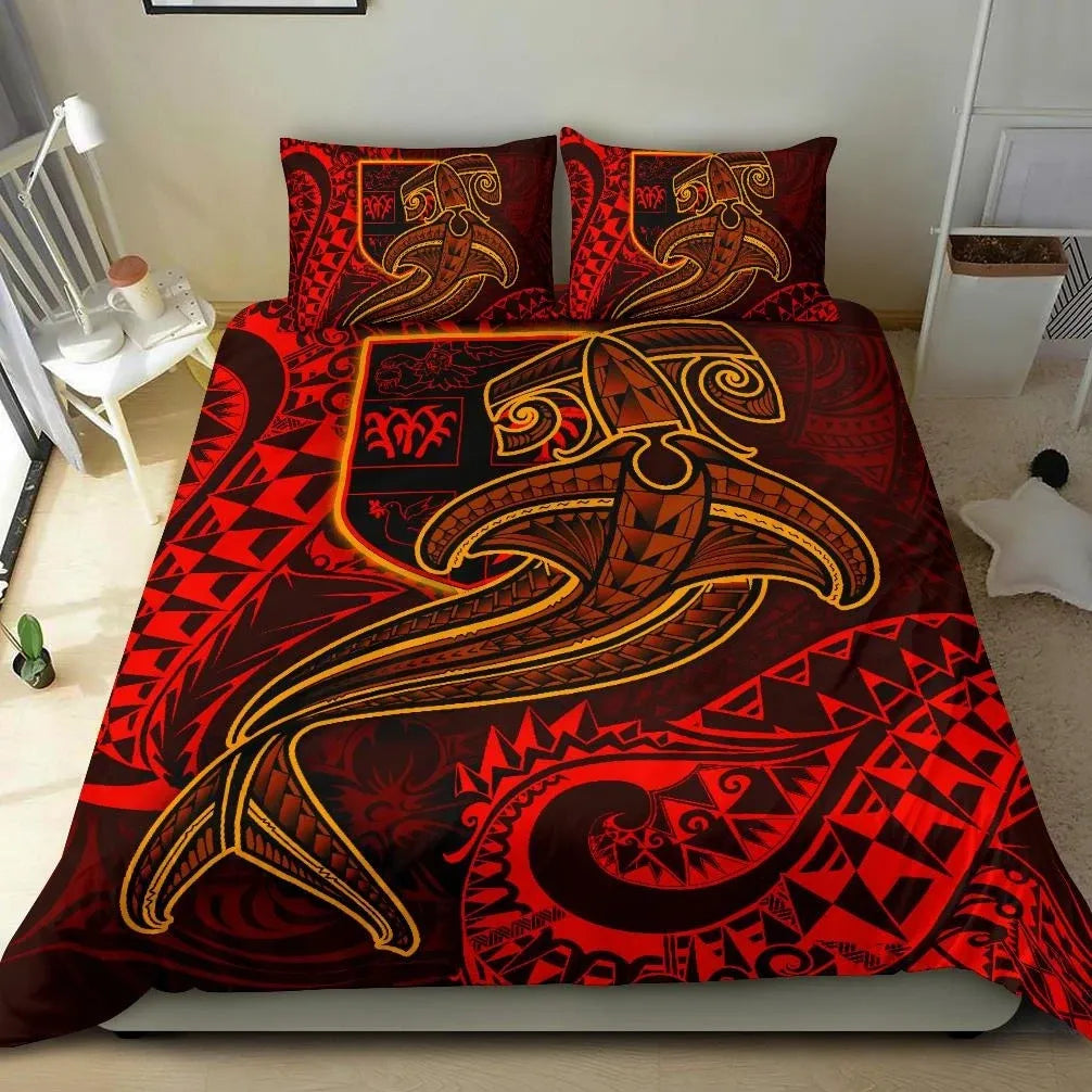 Fiji Bedding Set - Red Shark Polynesian Tattoo
