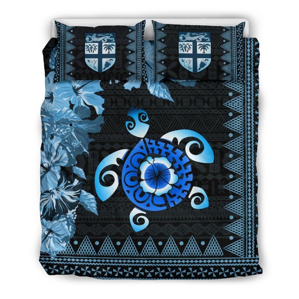 Polynesian Duvet Cover Set - Fiji Bedding Set Tapa Turtle Hibiscus Blue