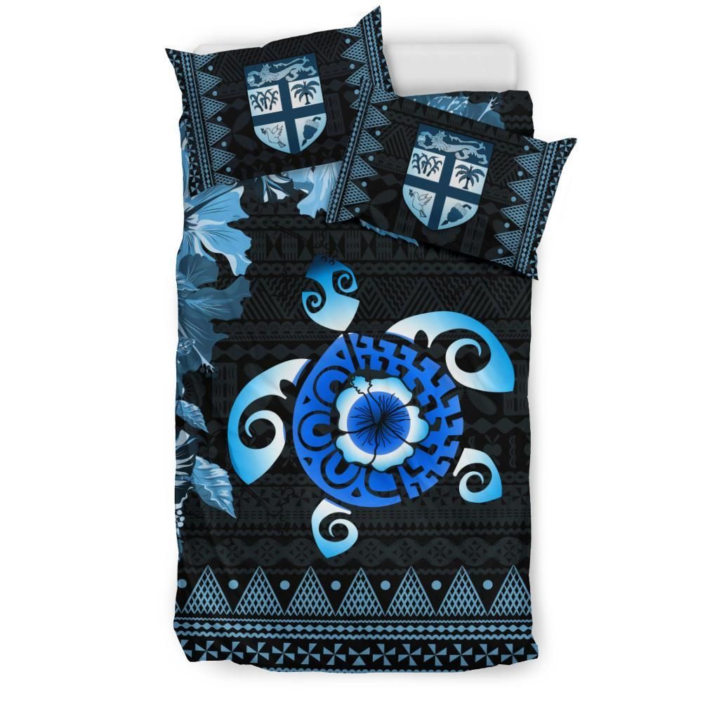 Polynesian Duvet Cover Set - Fiji Bedding Set Tapa Turtle Hibiscus Blue