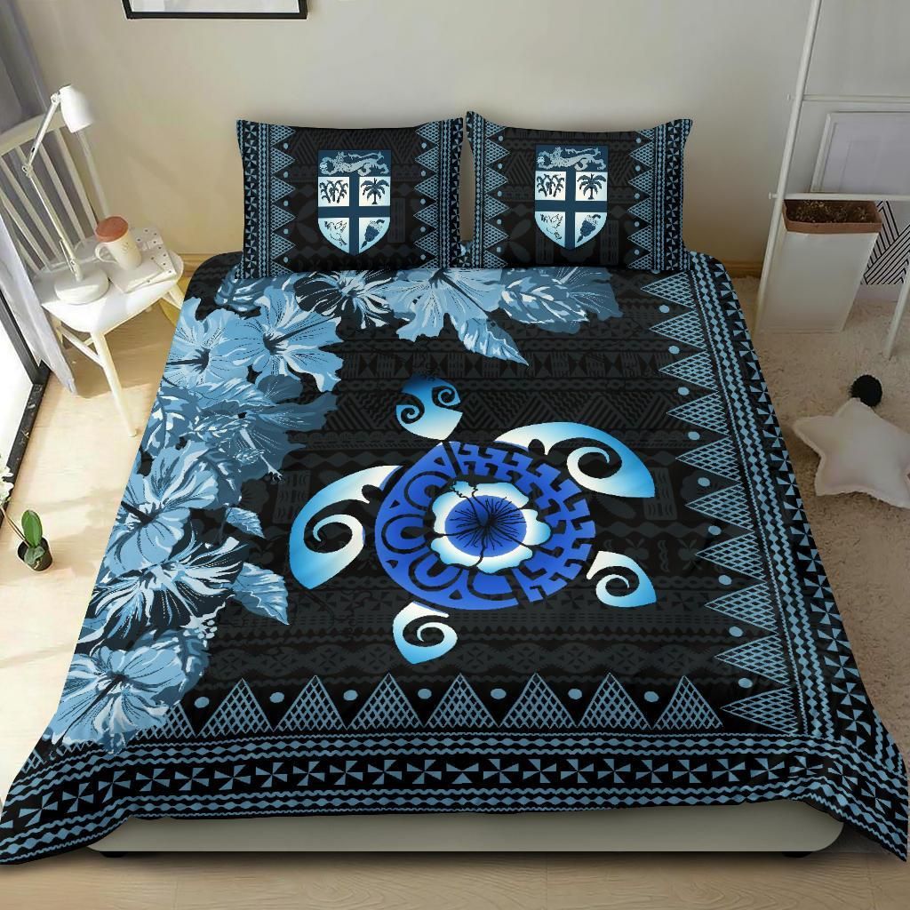 Polynesian Duvet Cover Set - Fiji Bedding Set Tapa Turtle Hibiscus Blue