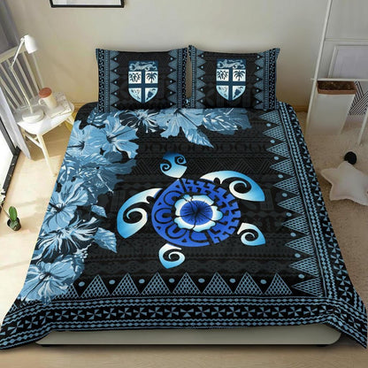 Polynesian Duvet Cover Set - Fiji Bedding Set Tapa Turtle Hibiscus Blue