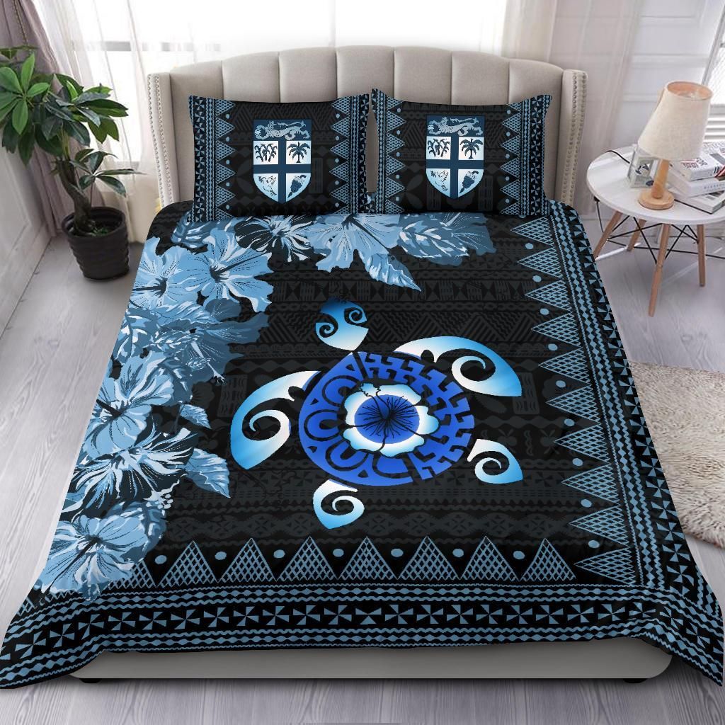 Polynesian Duvet Cover Set - Fiji Bedding Set Tapa Turtle Hibiscus Blue
