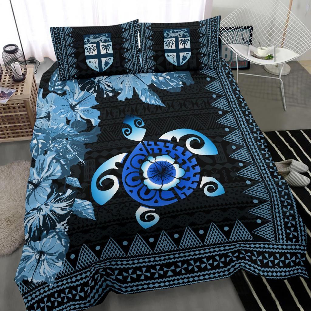 Polynesian Duvet Cover Set - Fiji Bedding Set Tapa Turtle Hibiscus Blue