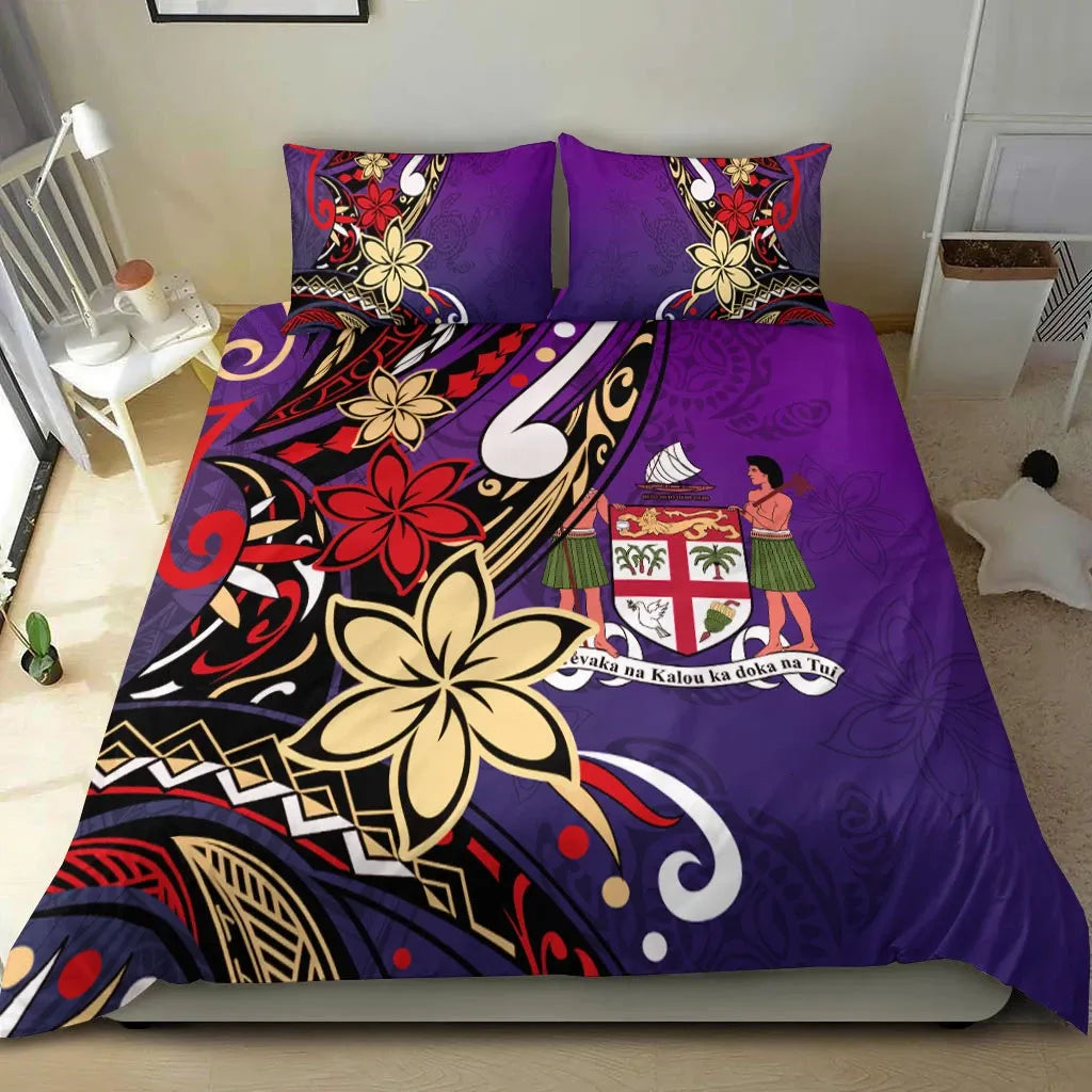 Fiji Bedding Set - Tribal Flower With Special Turtles Purple Color