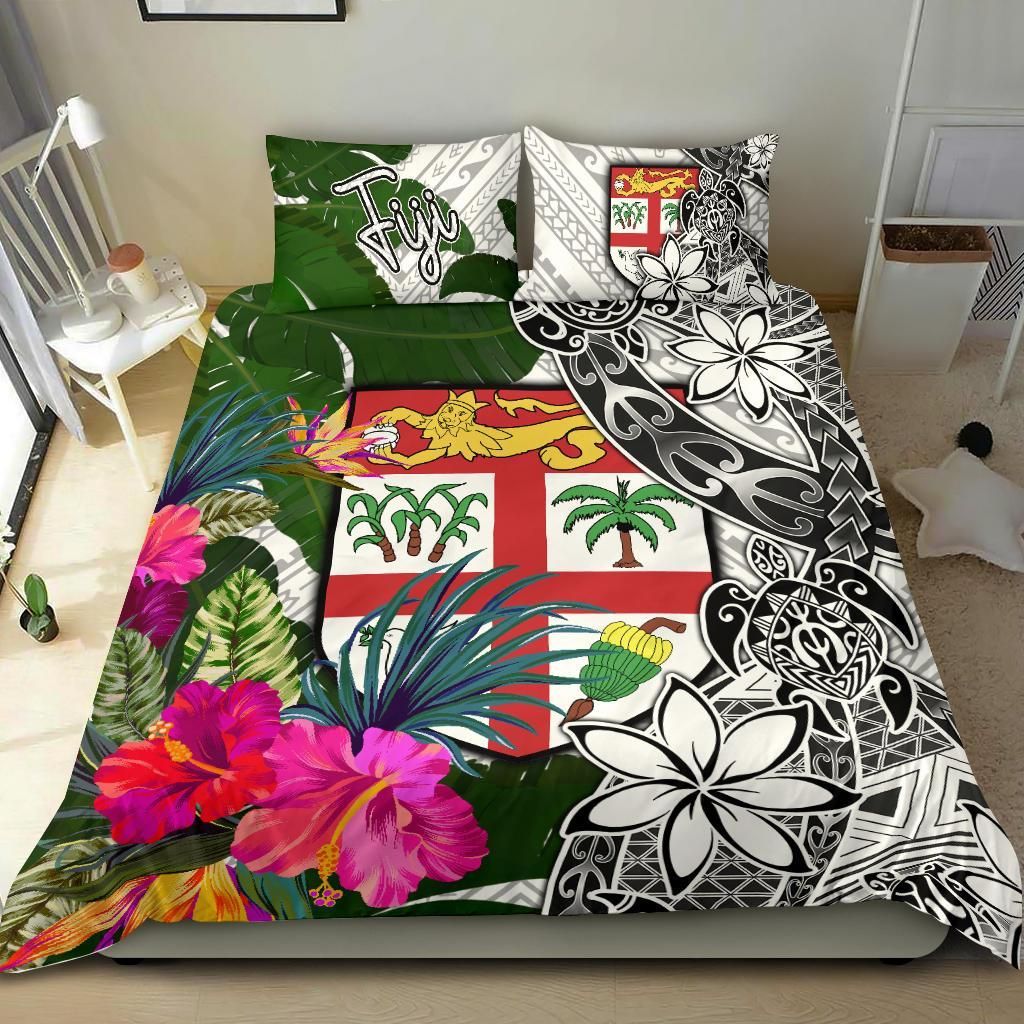 Fiji Bedding Set White - Turtle Plumeria Banana Leaf