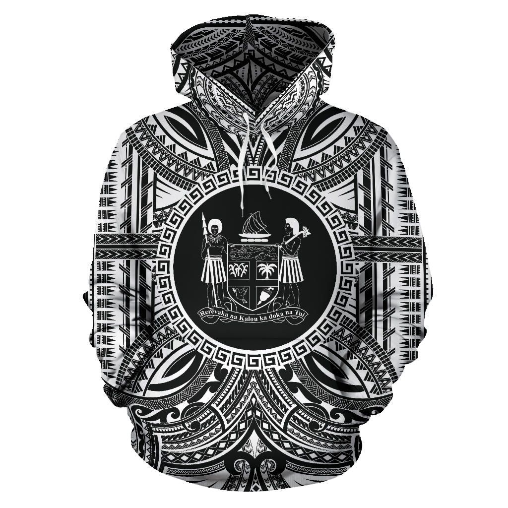 Fiji All Over Hoodie - Fiji Coat Of rms Polynesian White Black
