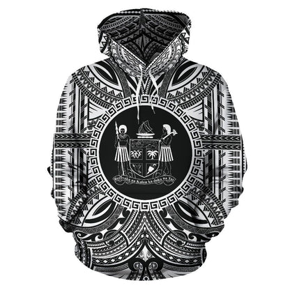 Fiji All Over Hoodie - Fiji Coat Of rms Polynesian White Black