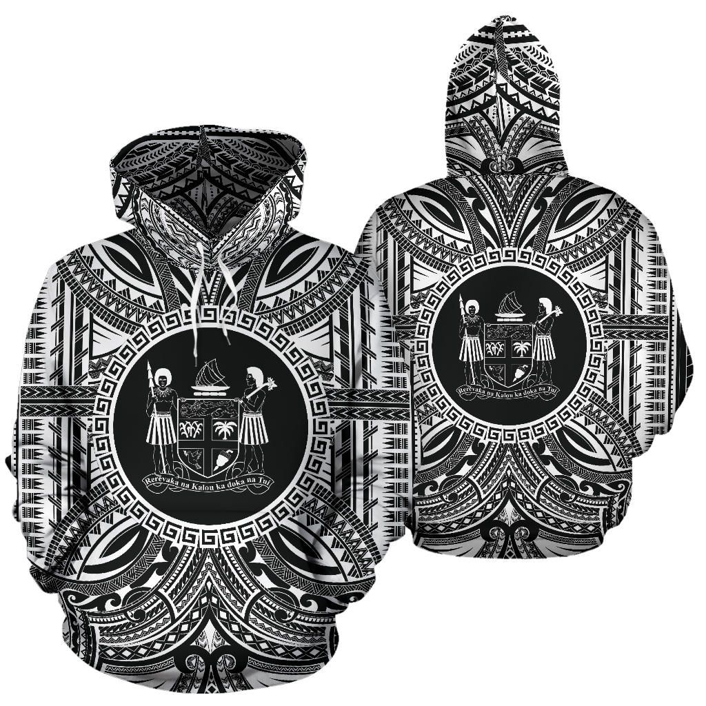 Fiji All Over Hoodie - Fiji Coat Of rms Polynesian White Black