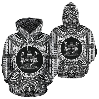 Fiji All Over Hoodie - Fiji Coat Of rms Polynesian White Black