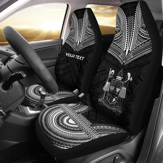 Fiji Custom Personalised Car Seat Cover - Fiji Coat Of Arms Polynesian Chief Tattoo Black Version