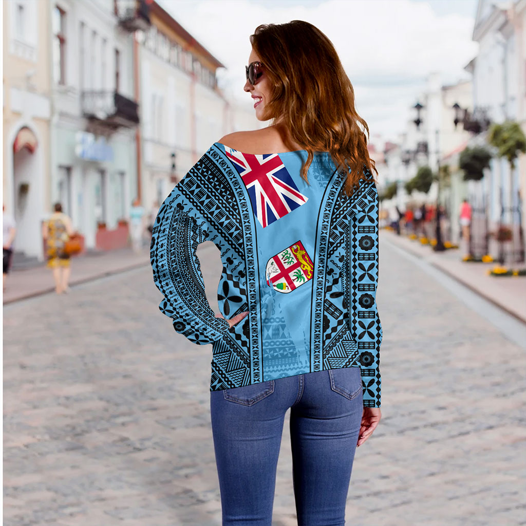 Fiji Off Shoulder Sweatshirt Bula Pattern Style Flag