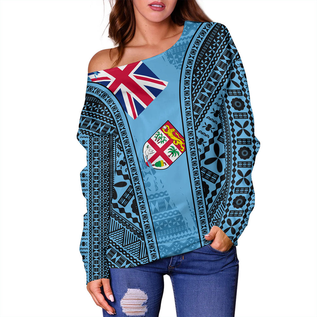 Fiji Off Shoulder Sweatshirt Bula Pattern Style Flag