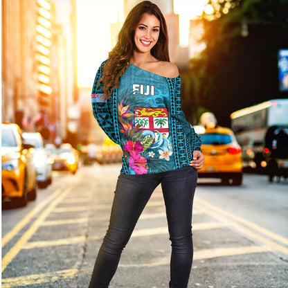 Fiji Off Shoulder Sweatshirt Bula Island Wave Tropical