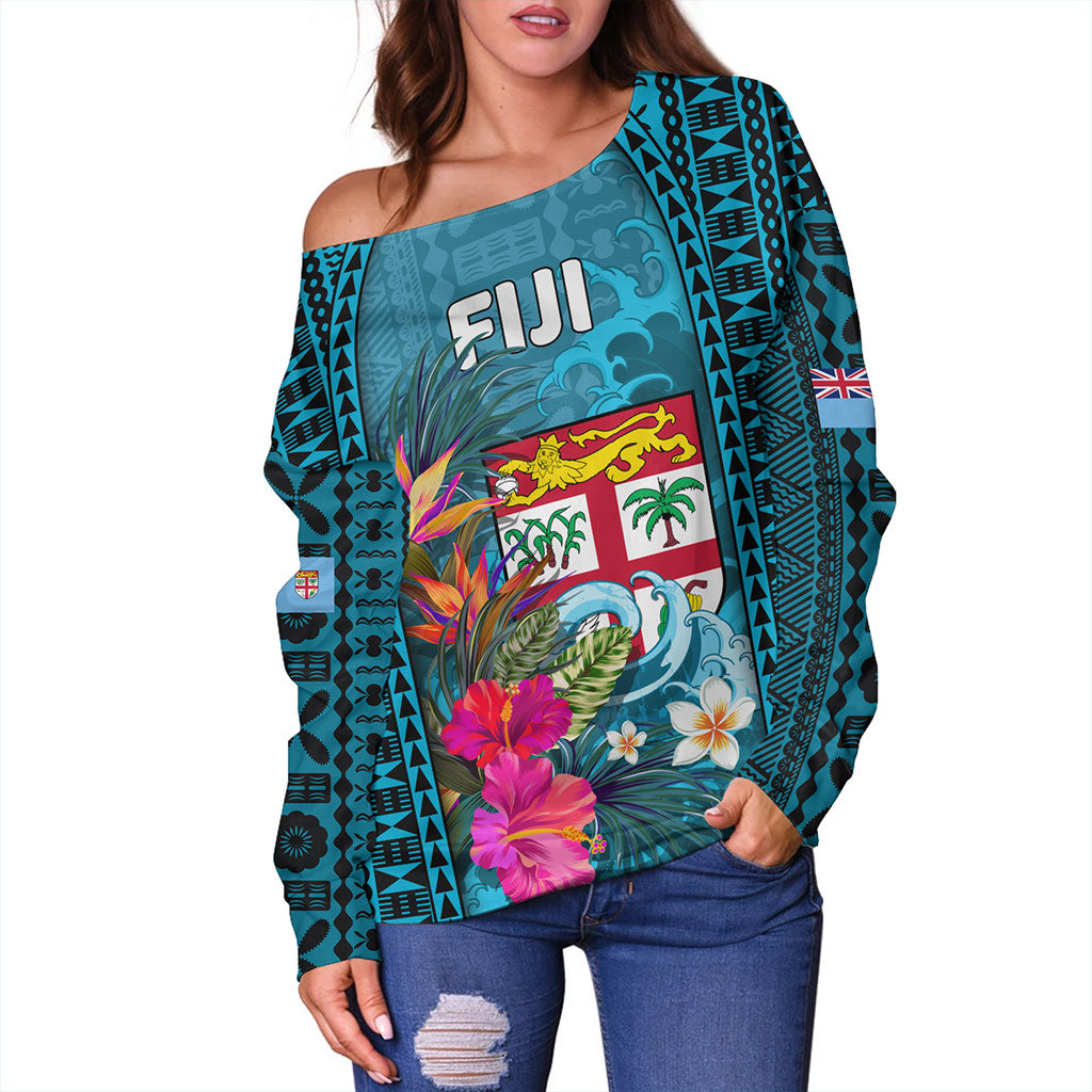 Fiji Off Shoulder Sweatshirt Bula Island Wave Tropical
