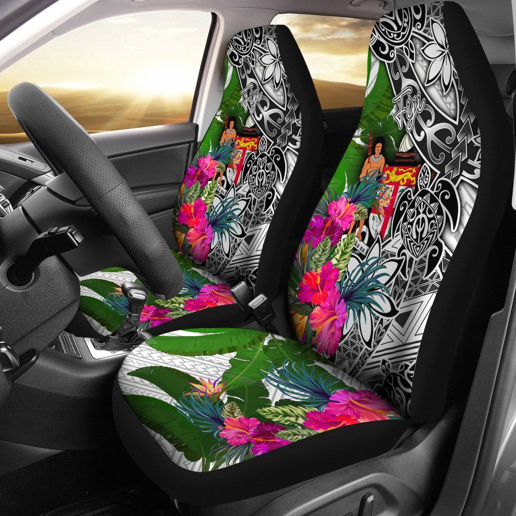 Fiji Car Seat Covers White - Turtle Plumeria Banana Leaf Crest