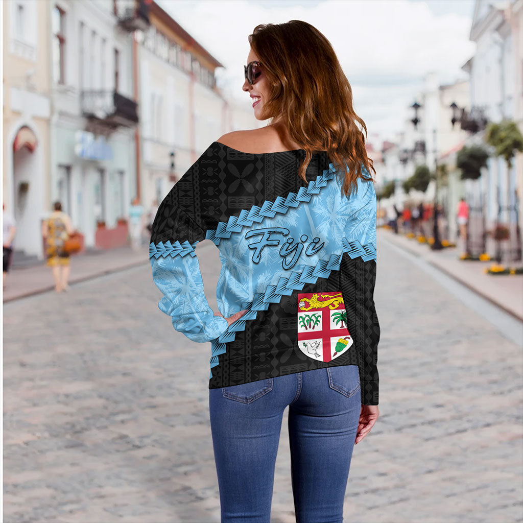 Fiji Off Shoulder Sweatshirt Coconut Pattern And Coat Of Arms