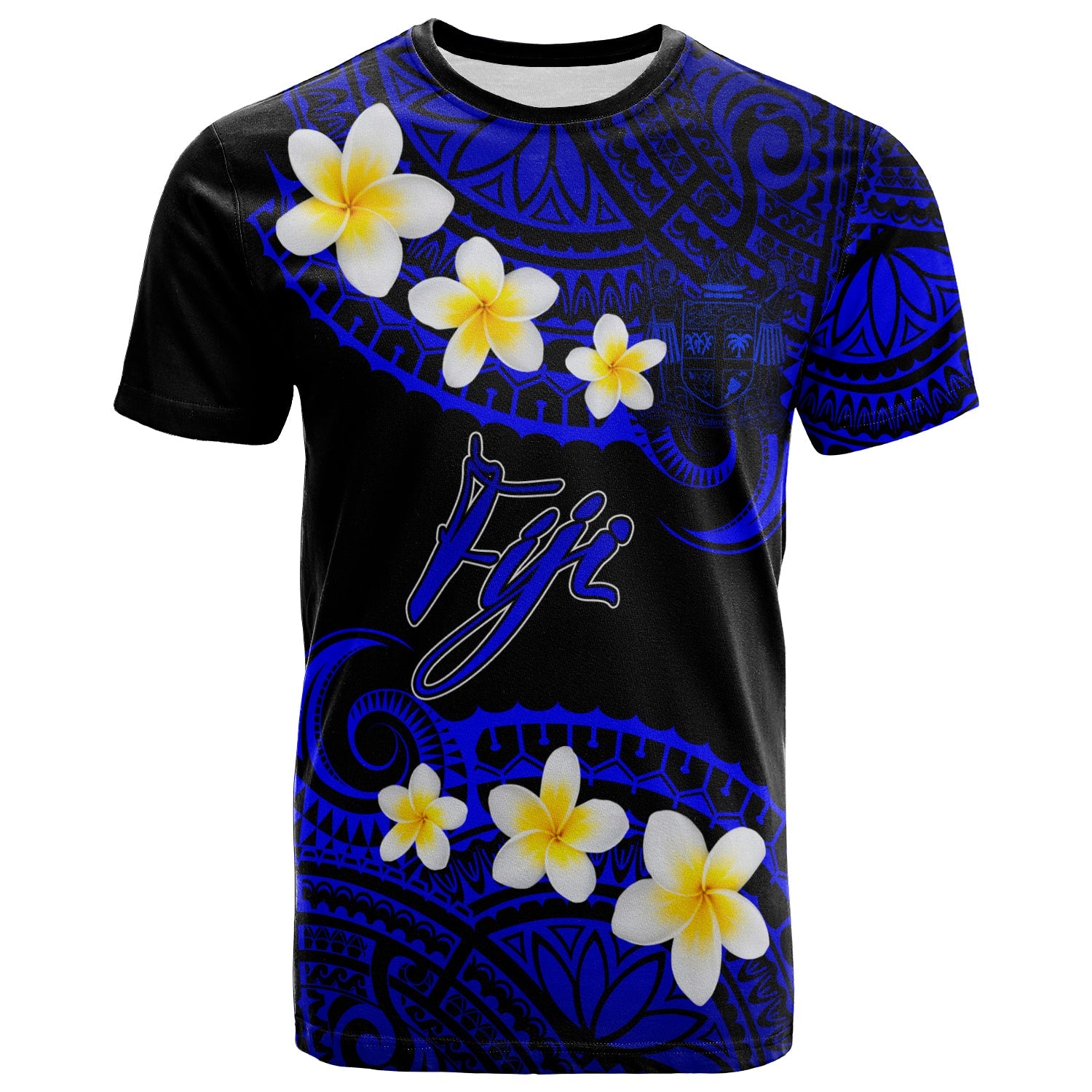 Fiji Crest Custom Personalised T-Shirt - Plumeria Polynesian Vibe Blue