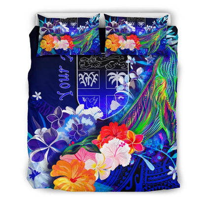 Fiji Custom Personalised Bedding Set - Humpback Whale With Tropical Flowers (Blue)