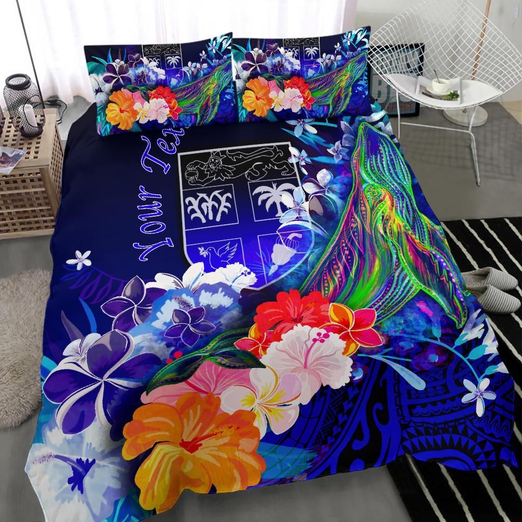 Fiji Custom Personalised Bedding Set - Humpback Whale With Tropical Flowers (Blue)