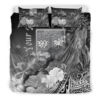Fiji Custom Personalised Bedding Set - Humpback Whale With Tropical Flowers (White)