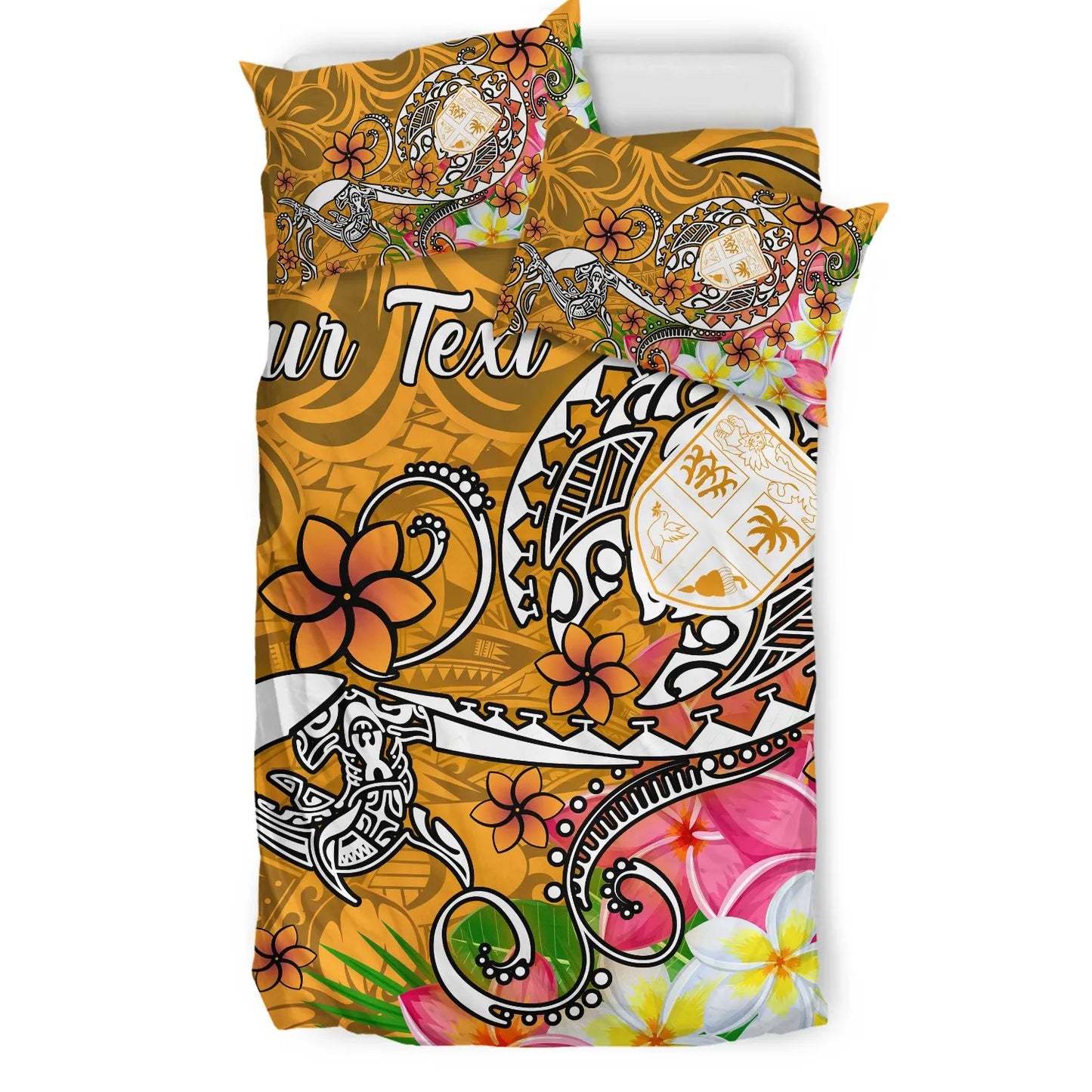 Fiji Custom Personalised Bedding Set - Turtle Plumeria (Gold)
