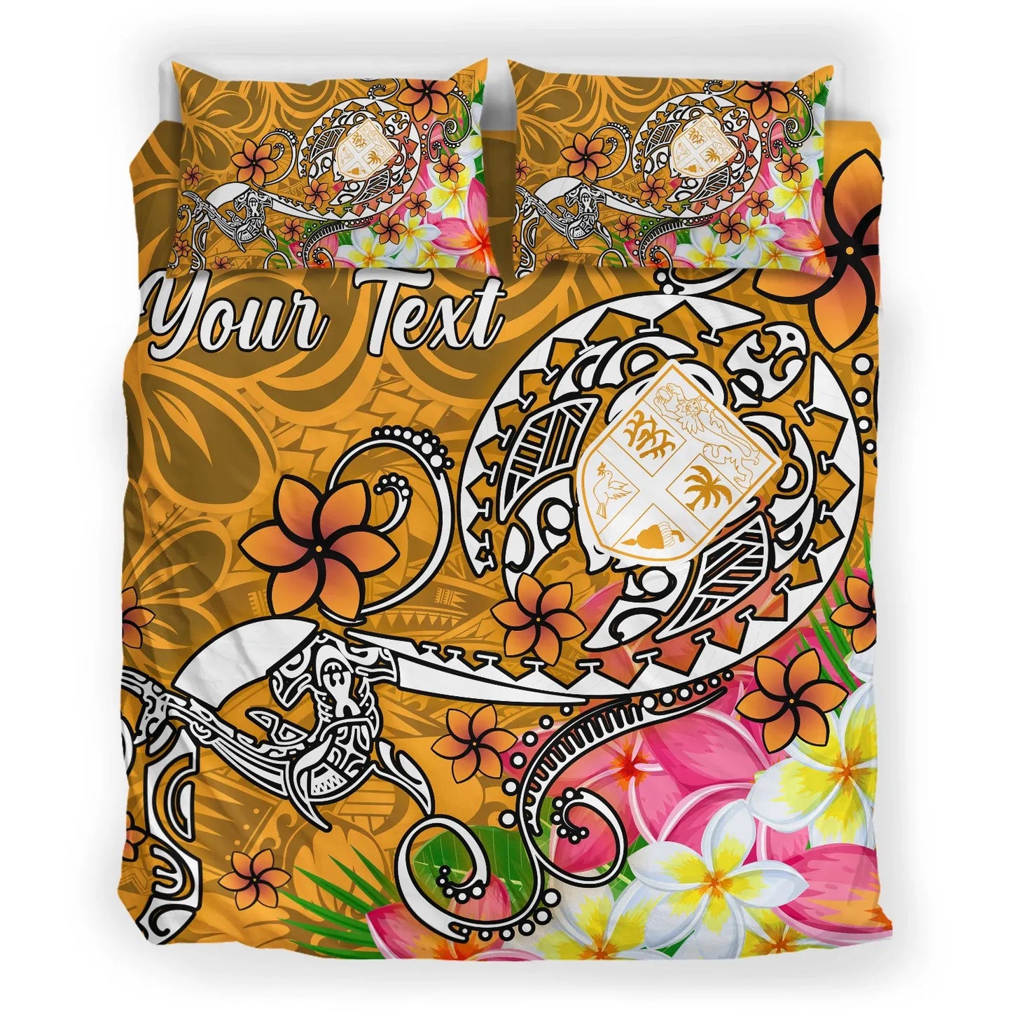 Fiji Custom Personalised Bedding Set - Turtle Plumeria (Gold)