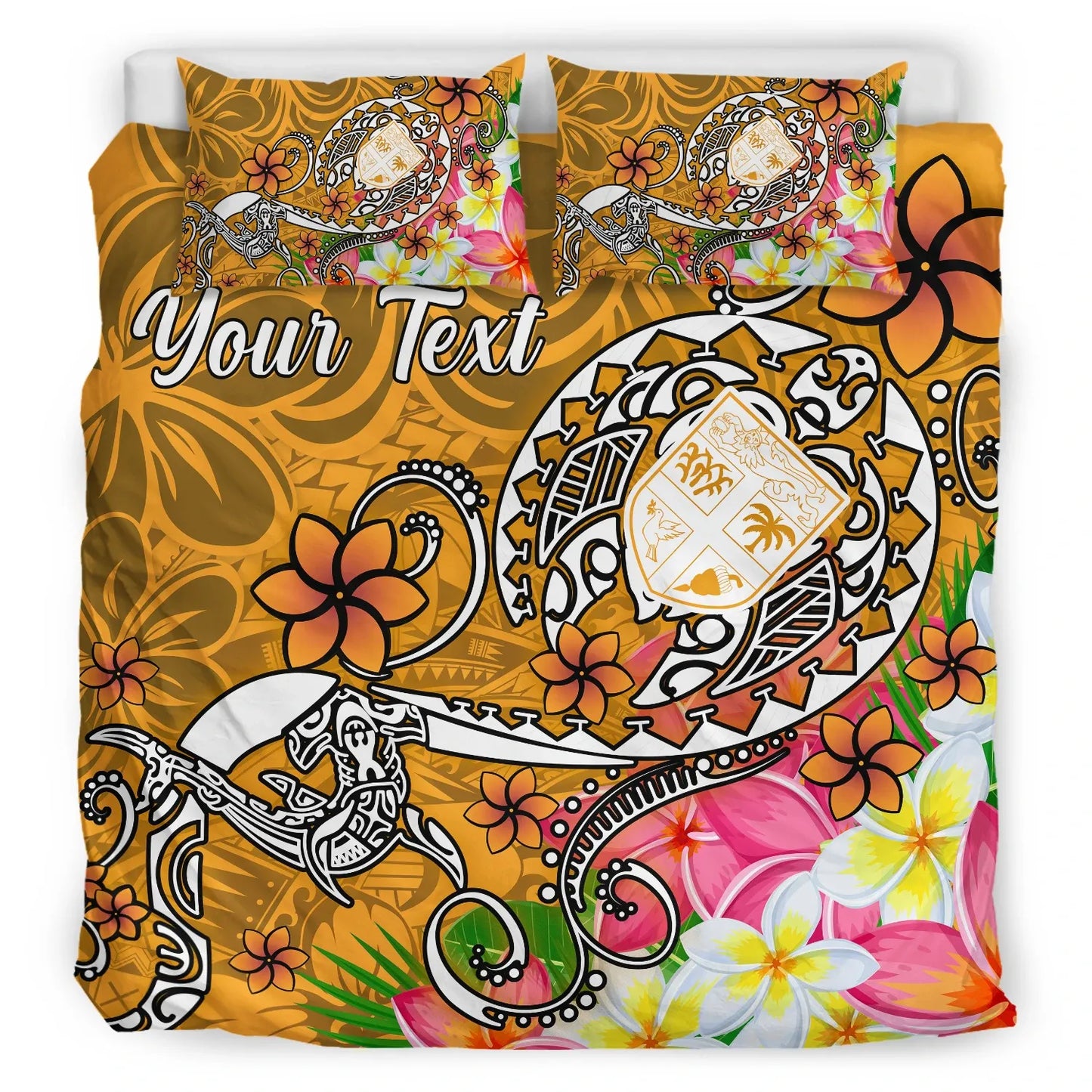 Fiji Custom Personalised Bedding Set - Turtle Plumeria (Gold)